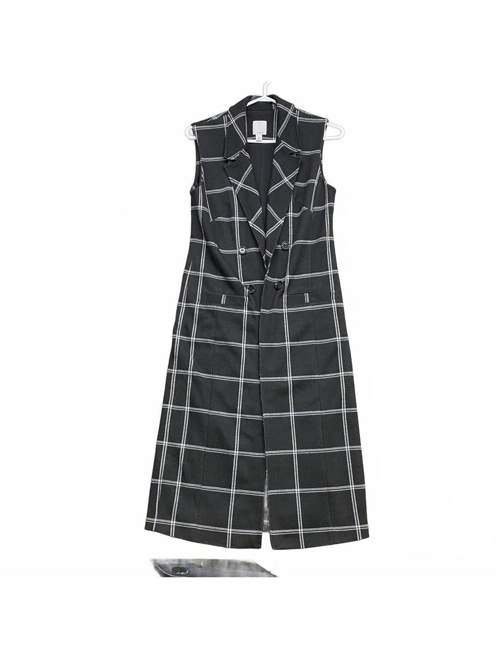 Halogen Nordstrom Black White Plaid Sleeveless Long Vest Duster Coat XS